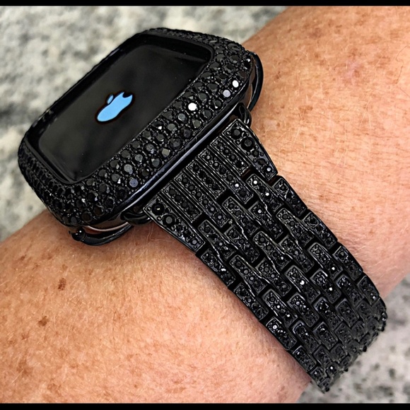 New pave Black/Black Apple Watch crystal Band and Lab Diamond Bezel 2 pc set - Picture 1 of 9